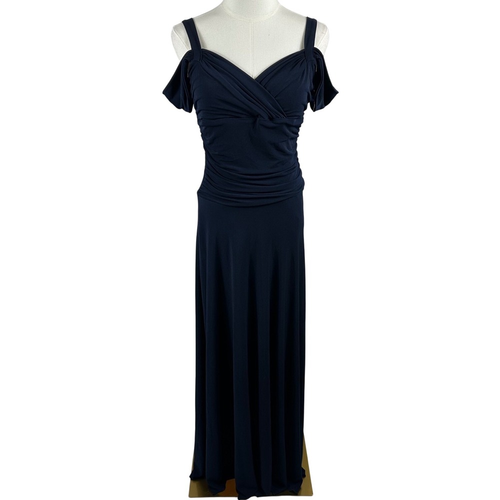 NWT Evanese Maxi Dress Women M Navy Blue Cold Shoulder Gown Ruched Mob Wife Chic